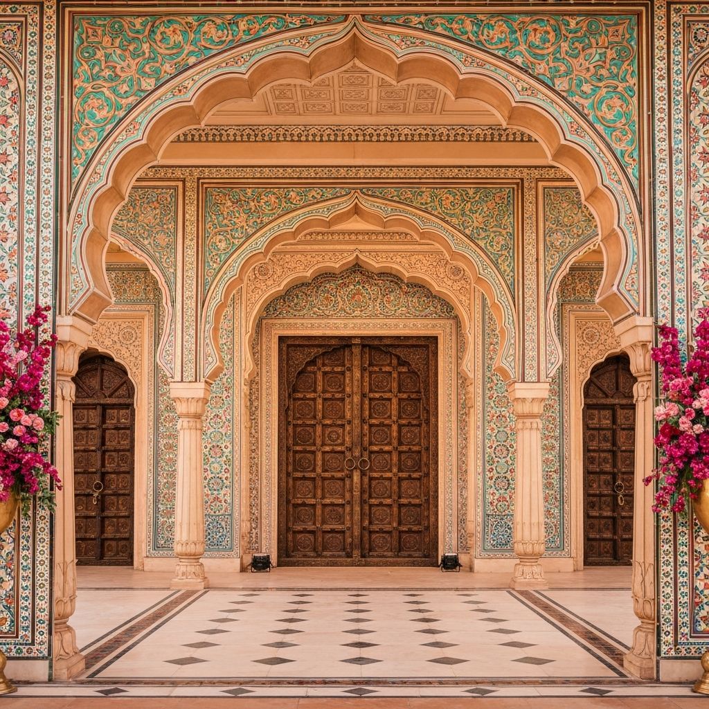 Luxurious Indian wedding venue with ornate Mughal-style decor