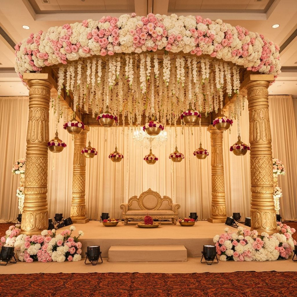 Stunning wedding mandap with elaborate floral decoration